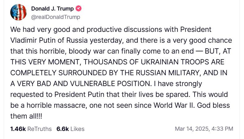 «Это было бы ужасное массовое убийство»: Трамп просит Владимира Путина пощадить боевиков