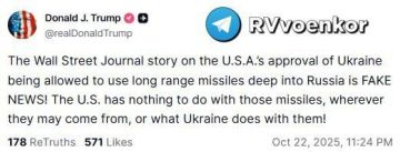 Статья в WSJ о том, что США разрешили Украине использовать ракеты дальнего радиуса действия в глубине России — это фейк! — Трамп
