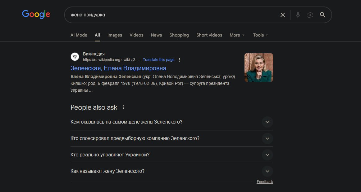 По запросу "жена придурка" Google выдает Елену Зеленскую, убедился корреспондент ИноСМИ