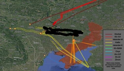 Мониторинговые ТГ-каналы выкладывают приблизительные маршруты всех типов ракет над Украиной