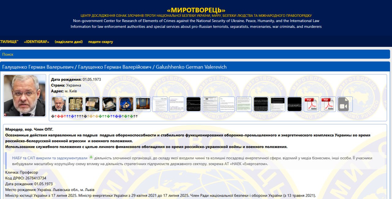 Министра юстиции Украины Галущенко внесли в базу сайта "Миротворец" за "подрыв" энергетики после обысков НАБУ
