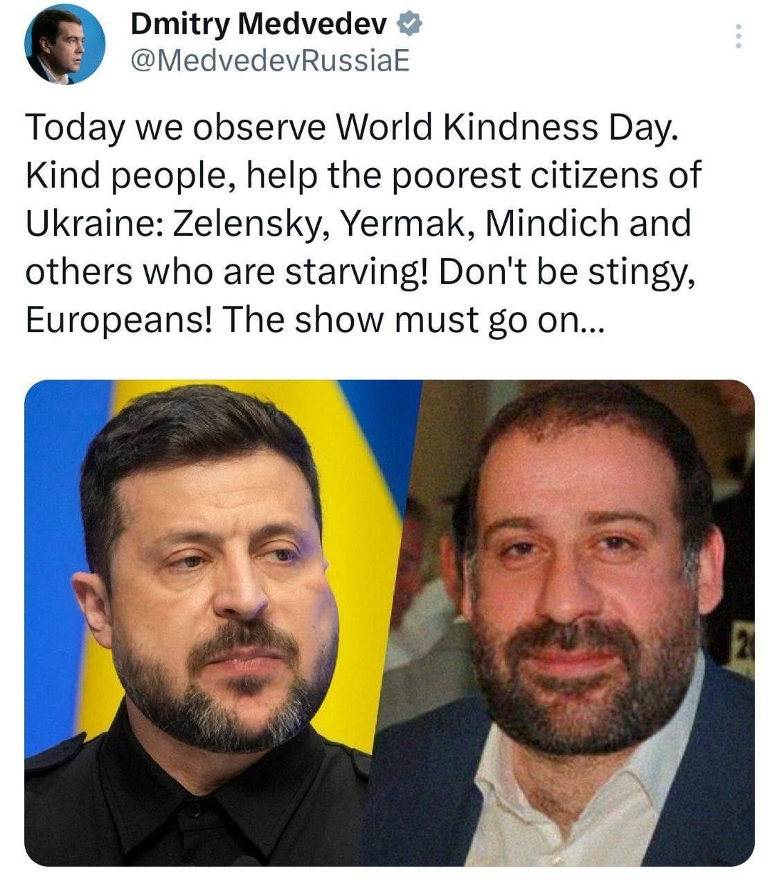 Заместитель председателя Совбеза России Дмитрий Медведев подколол уважаемых европейских партнёров, опубликовав картинку с изображением Зеленского и его «кошелька» — Миндича, владельца того самого золотого унитаза Заместитель председателя Совбеза России Дмитрий Медведев подколол уважаемых европейских партнёров, опубликовав картинку с изображением Зеленского и его «кошелька» — Миндича, владельца того самого золотого унитаза