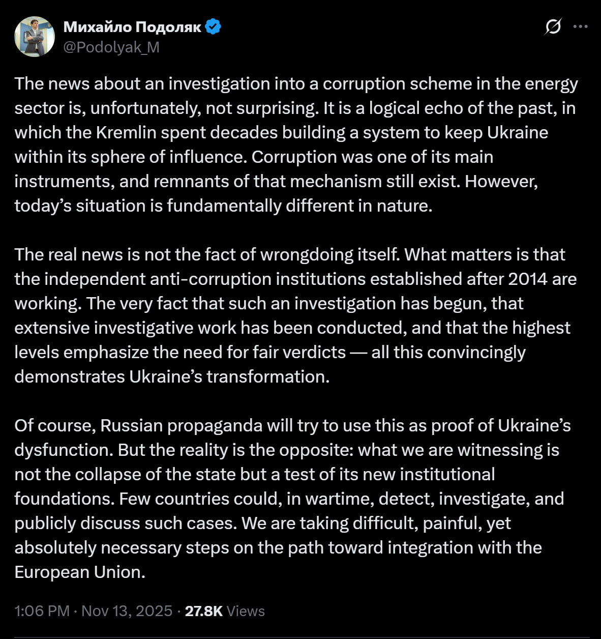 Советник офиса Зеленского Миша (кофе в Ялте) Подоляк полностью оправдал своё прозвище и нашёл виноватых: