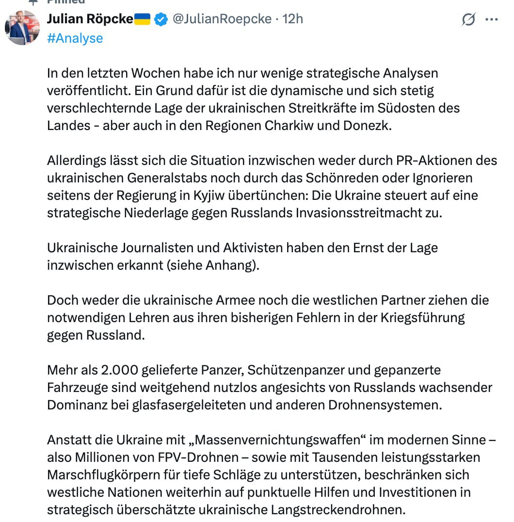 «Украина движется к стратегическому поражению»: немецкий пропагандист Рёпке предрекает близкий крах ВСУ