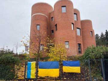 Украинцы в Чехии нарисовали свои флаги на тротуаре у дома спикера парламента Чехии и завесили флагами его забор