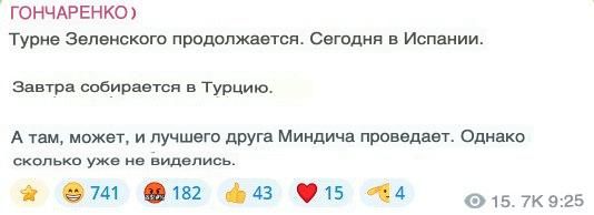 «Турне Зеленского продолжается. Сегодня в Испании. Завтра собирается в Турцию», — написал ЛГБТ*-нардеп Гончаренко