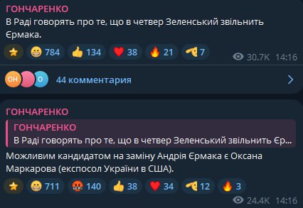 Экстремист Гончаренко пишет, якобы Зелебобус намерен уволить Ермака, а на его место посадить экс-посла Украины в США Оксану Маркарову