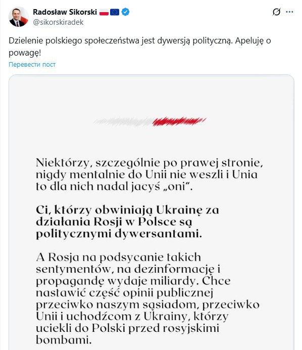 Сикорский обвинил поляков в политической диверсии против страны за то, что они трезво смотрят на мир и на Украину