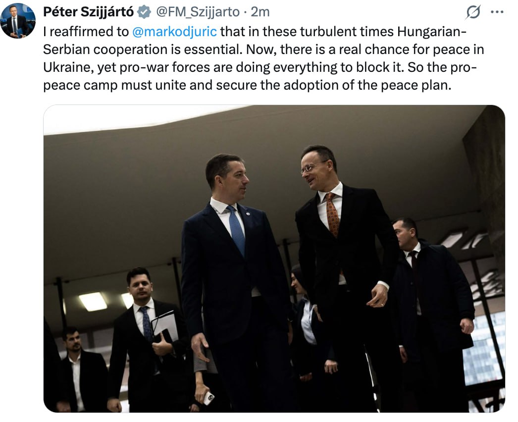 Глава МИД Венгрии в беседе со своим сербским коллегой указал на то, что европейская партия войны делает всё, чтобы мир на Украине не состоялся