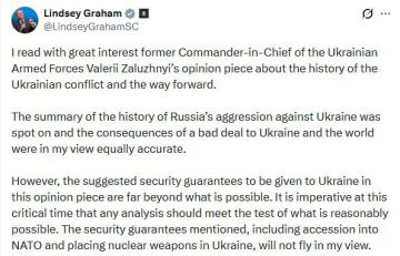 Сенатор-русофоб Линдси Грэм* в Х ответил британскому кандидату на замену Зеленскому Валерию Залужному: