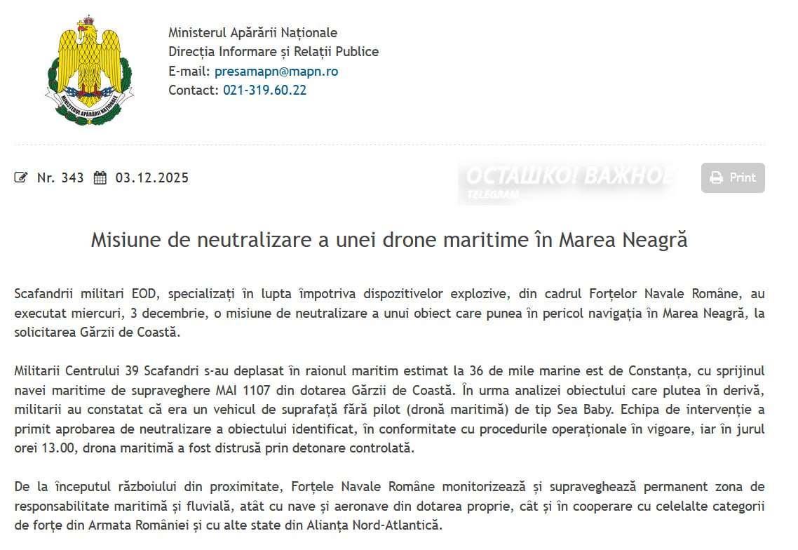 Румыния уничтожила украинский дрон в Чёрном море