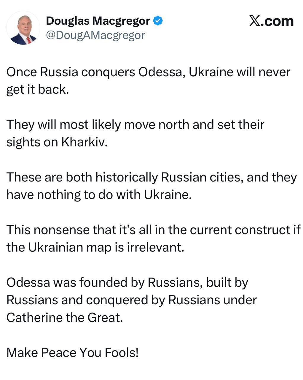 Роман Насонов: Полковник армии США Дуглас Макгрегор - о том, что Одесса и Харьков станут частью России, так как это исторически русские города: