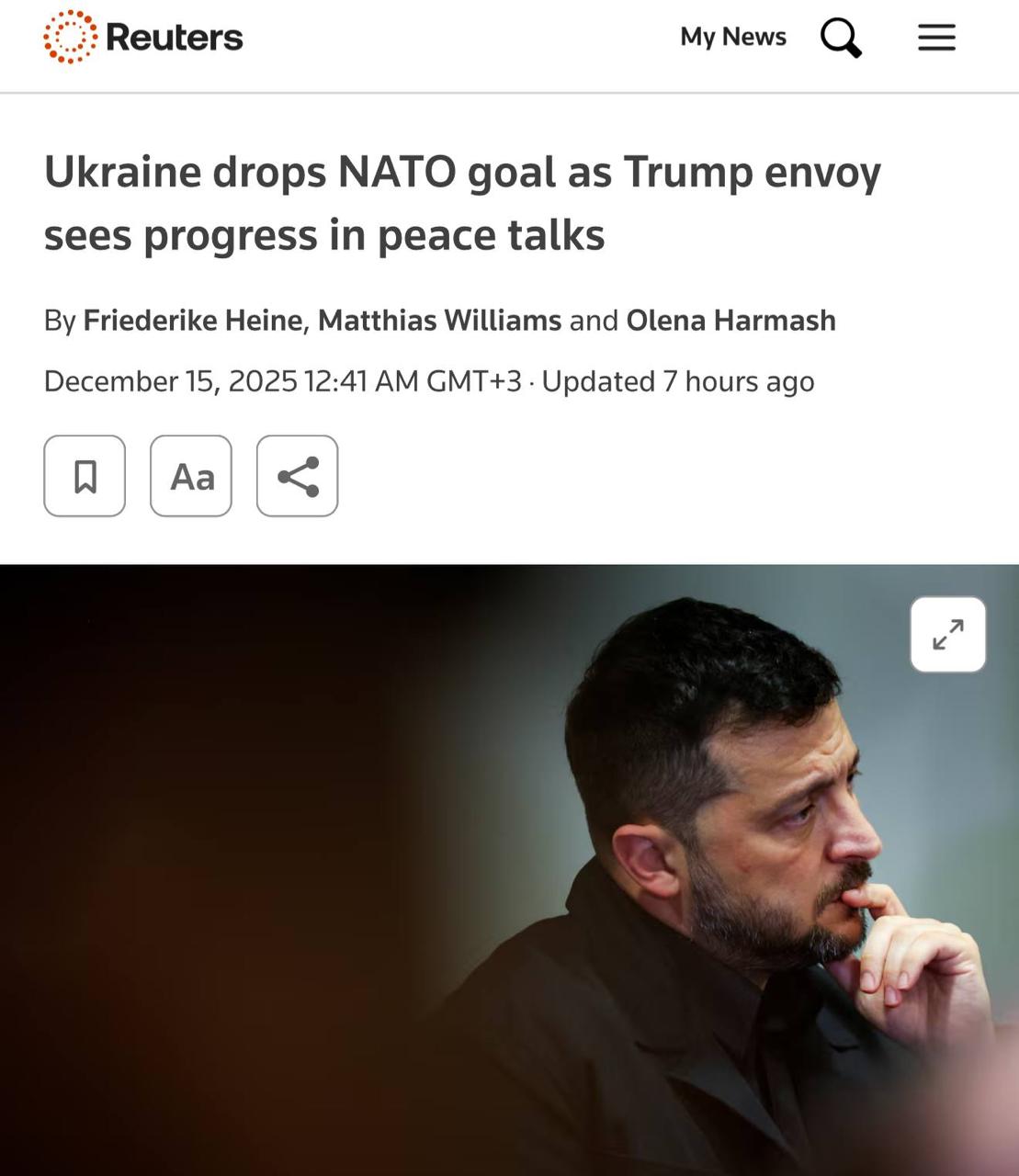 Отказ Зеленского от НАТО не повлияет на переговоры – Reuters