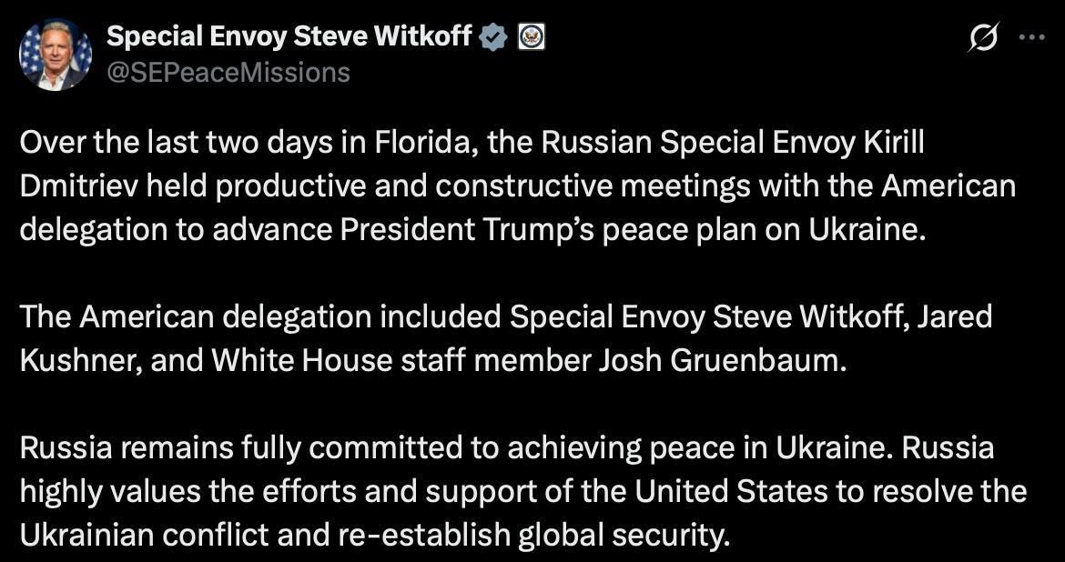 Уиткофф:. За последние два дня в Флориде Дмитриев провел продуктивные и конструктивные встречи с американской делегацией с целью продвижения мирного плана президента Трампа по Украине