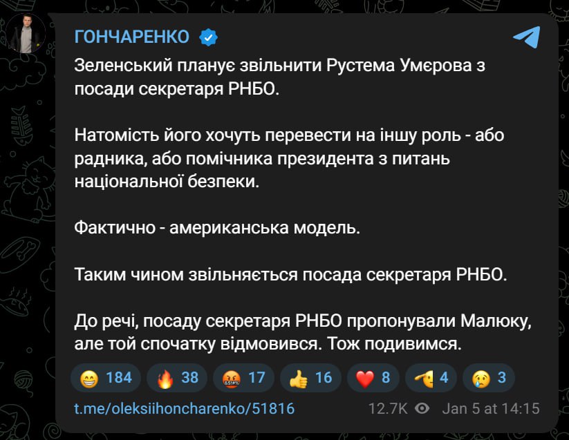 Нардеп Гончаренко* заявил, что Зеленский намерен понизить Умерова в должности