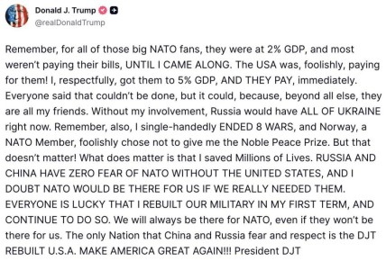 Трамп – о том, что Россия боится НАТО из-за США: