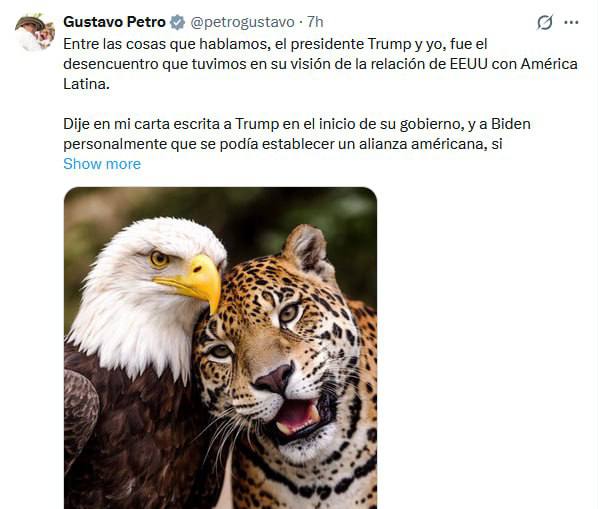 Густаво Петро после разговора с Трампом написал, что эксплуатация Латинской Америки ради нефти приведет лишь к разрушению международного права, варварству и третьей мировой войне