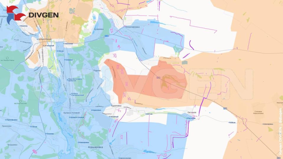 Карту продвижения ВС РФ на Купянском направлении в районе н.п. Подолы публикует канал «Divgen»