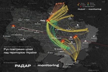 Карта нанесения 08-09.01.26 комбинированного удара ВС РФ по инфраструктурным и военным объектам на Украине по версии противника