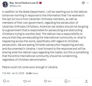 Конгрессвумен Луна планирует обратиться к Ватикану из-за захвата церквей на Украине