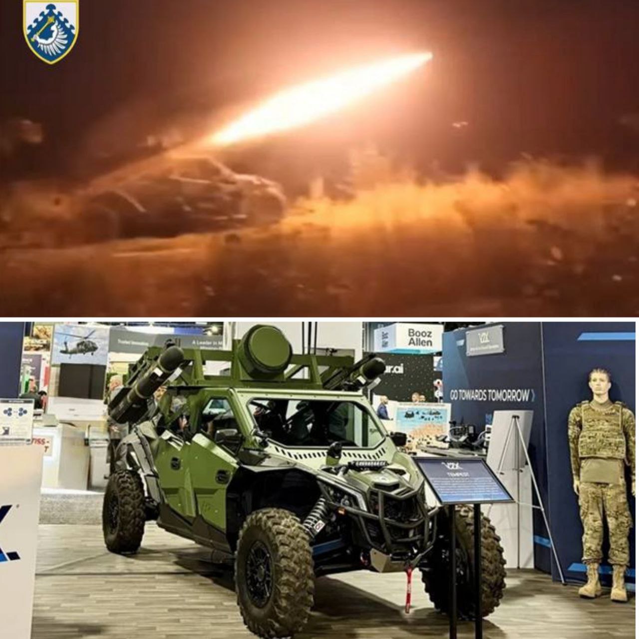 Первые известные кадры (верхнее фото) боевого применения украинской армией мобильного ЗРК Tempest на базе багги с двумя ракетами AGM-114L Longbow
