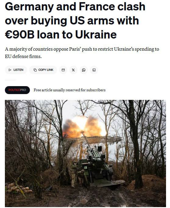 РАЗНОГЛАСИЯ В СТАНЕ ВРАГА. Politico пишет, что страны ЕС не могут прийти к единству в вопросе закупок вооружений для Украины на сумму в 90 миллиардов долларов