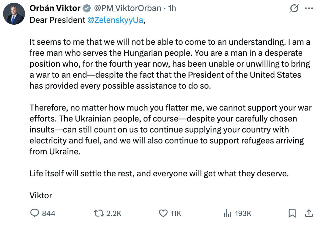 Премьер Венгрии поставил Зеленского на место