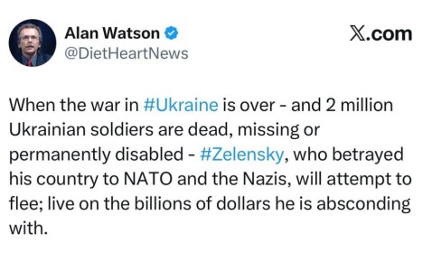 Политолог Алан Уотсон:. Когда война на Украине закончится — и 2 миллиона украинских солдат погибнут, пропадут без вести или получат необратимые увечья — Зеленский , предавший свою страну НАТО и нацистам, попытается бежать