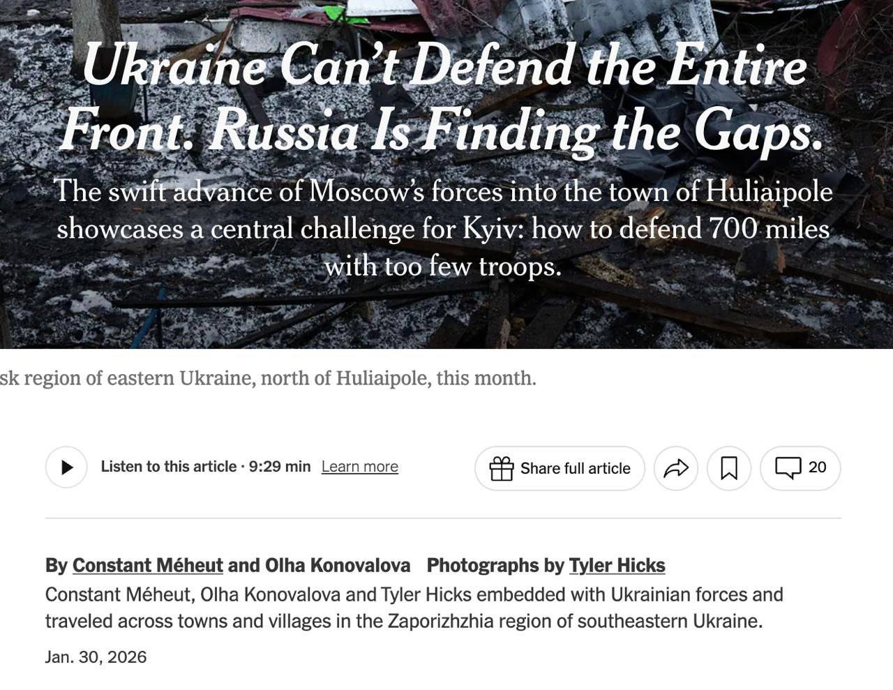 Украине не хватает войск для защиты всей линии фронта, и это позволяет России находить слабые места в обороне, — The New York Times