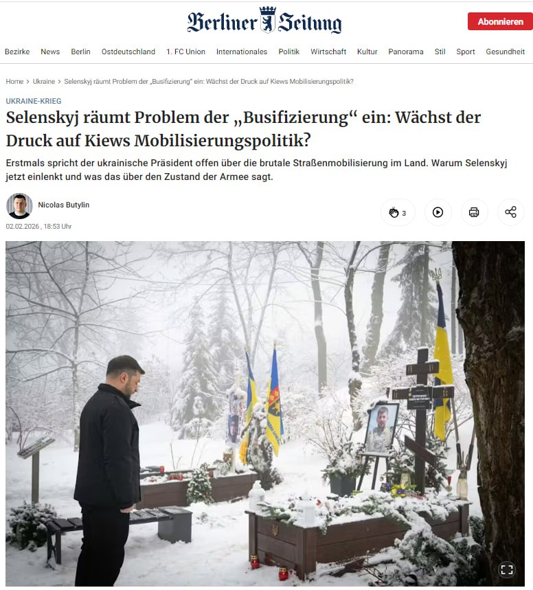 Зеленский пытается дистанцироваться от темы мобилизации, используя украинские СМИ, пишет немецкая газета Berliner Zeitung