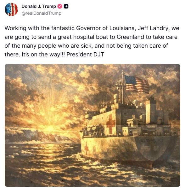 Трамп в своей соцсети заявил, что США отправят к берегам Гренландии корабль-госпиталь