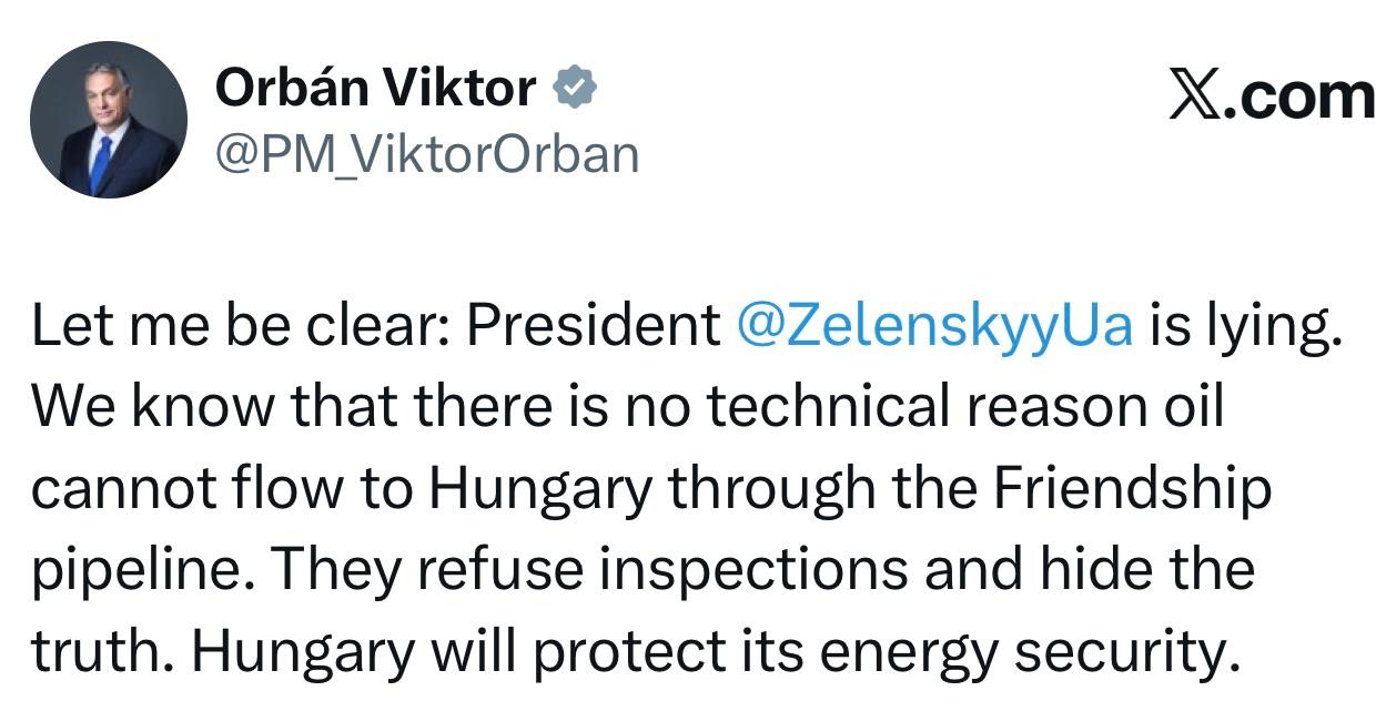 Орбан - о том, что Зеленский врет про "технические проблемы" поставок нефти: