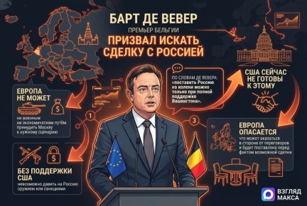 Премьер-министр Бельгии Барт Де Вевер заявил о необходимости искать формат сделки с Россией, признав, что ни военным, ни экономическим путём Запад не способен принудить Москву к нужному для себя сценарию без полной поддержки...