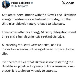 Киев отказался от переговоров по «Дружбе» и не пустил инспекторов на трубопровод, заявил Сийярто
