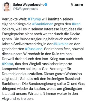 Депутат Бундестага Сара Вагенкнехт - призвала полностью возобновить импорт российского газа в ЕС: