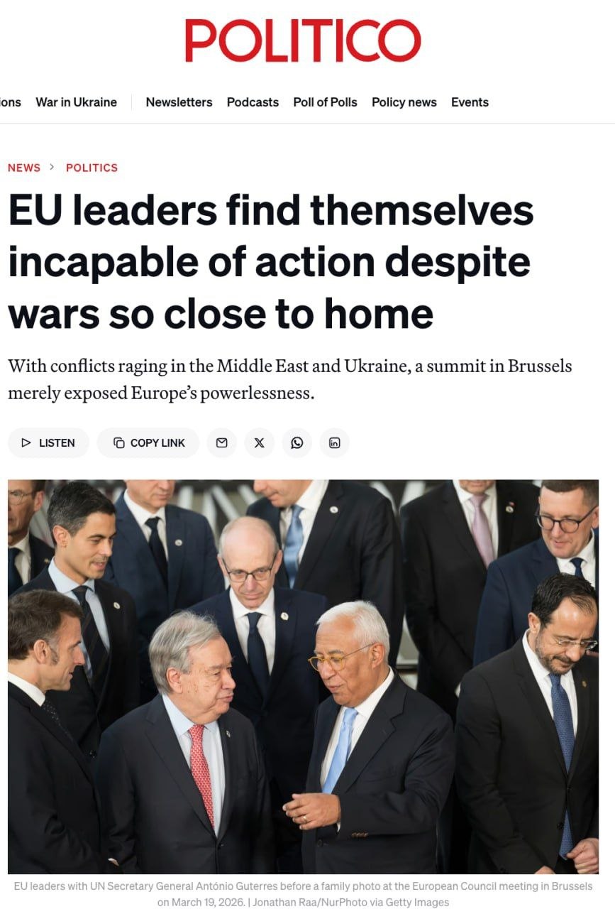 ВЧЕРАШНИЙ САММИТ ЕС В БРЮССЕЛЕ ПОКАЗАЛ БЕССИЛИЕ ЛИДЕРОВ СОЮЗА ПЕРЕД ЛИЦОМ КОНФЛИКТОВ НА БЛИЖНЕМ ВОСТОКЕ И В УКРАИНЕ — Politico
