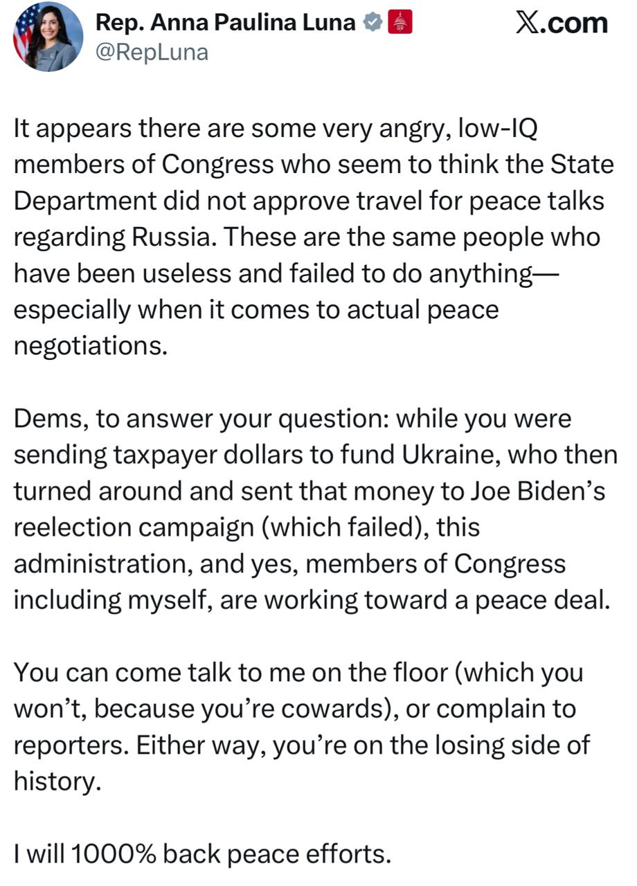Член палаты представителей конгресса США Анна Паулина Луна - о том, что план демократов по срыву переговоров по Украине провалился: