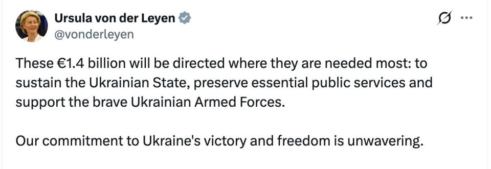 ЕС передаст Украине 1,4 миллиарда евро доходов от замороженных российских активов, — фон дер Ляйен