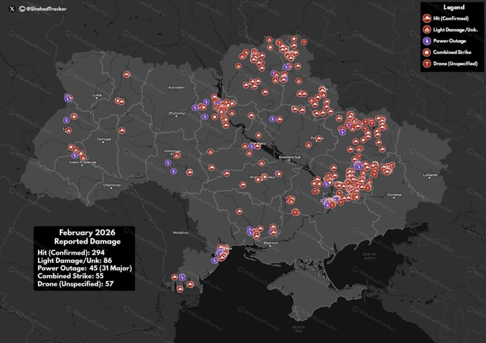 Карта (верхняя) прилётов "Гераней" по Украине за февраль по версии англоязычный проукраинских источников