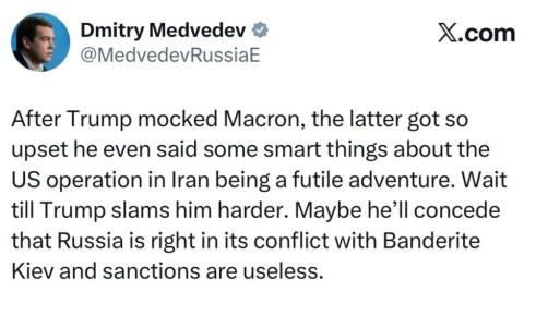 Медведев:. После того, как Трамп высмеял Макрона, последний так рассердился, что даже умно заметил, что операция США в Иране — это бесполезная затея
