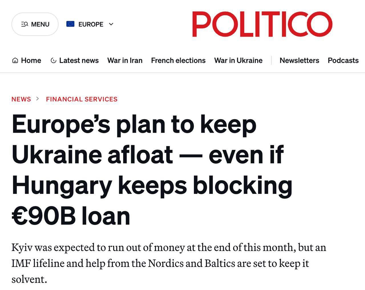 Алексей Журавлев: Если Венгрия со Словакией будут и дальше блокировать кредит Украине в 90 млрд евро, то Европа сможет выделить втрое меньшую сумму - Politico