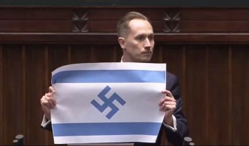 Польский депутат Конрад Беркович назвал Израиль "новым Третьим рейхом" и продемонстрировал израильский флаг со свастикой: