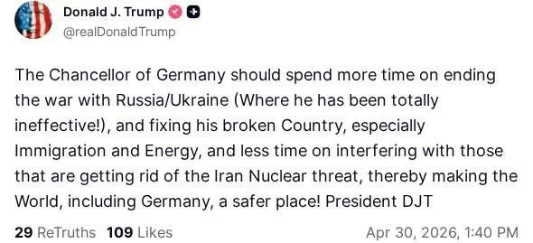 Президент США Дональд Трамп посоветовал канцлеру ФРГ Фридриху Мерцу больше заниматься не Ираном, а разрешением конфликта на Украине