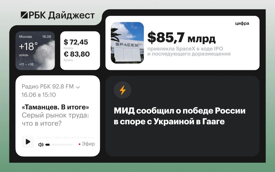 Главные новости к вечеру 15 июня