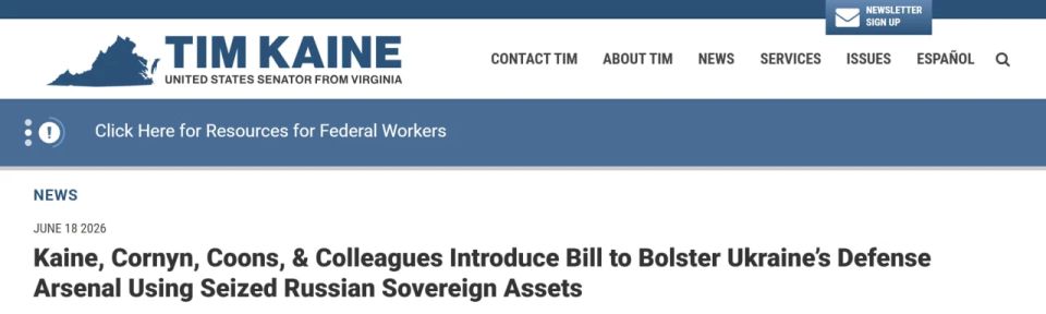 Tim Kaine: В США предложили потратить замороженные российские активы на оружие для ВСУ