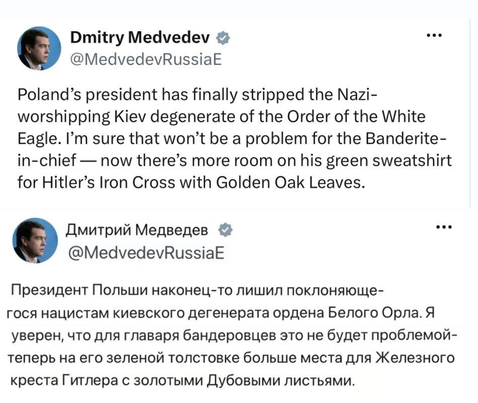 Зеленский вместо польского ордена может повесить себе Железный крест нацистов, заявил Медведев