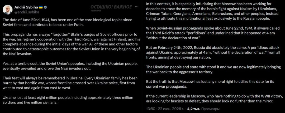«Москва пытается стереть память о героической борьбе украинцев»: глава МИД Украины о Дне памяти и скорби