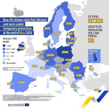 Эдуард Басурин: Евростат сообщает о продолжающемся увеличении числа украинских беженцев в Европейском союзе