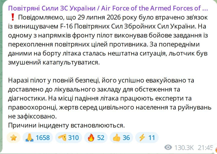 "Подвитряни силы" Украины отчитались о потере истребителя F-16 в неравном бою вовремя перехвата цели (по предыдущему опыту Герани, которые регулярно побеждают в воздушных боях с F-16)