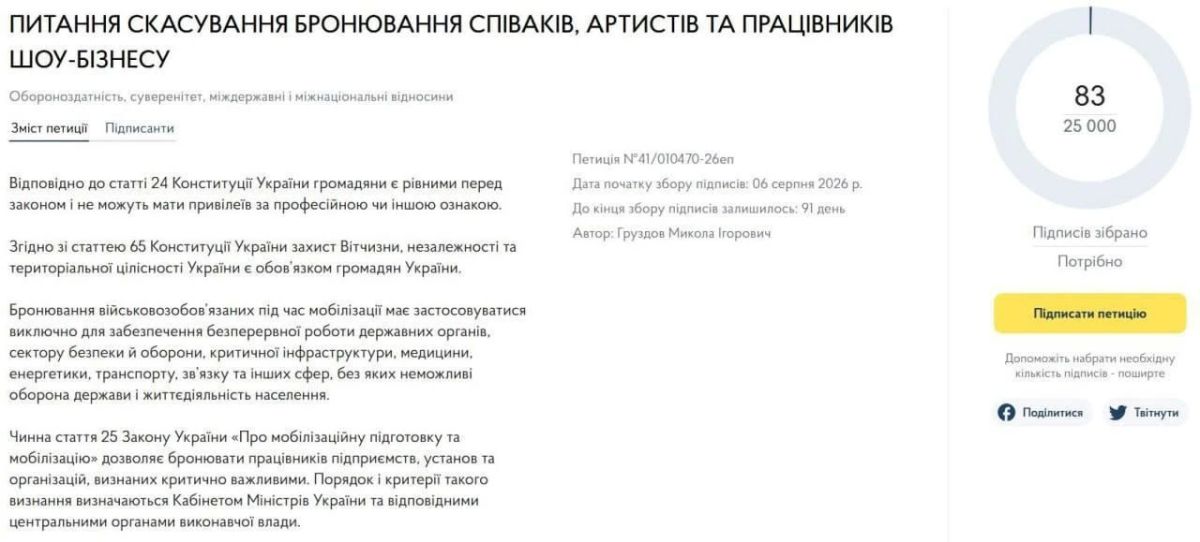 На сайте кабинета министров Украины зарегистрирована петиция с предложением отменить бронь от мобилизации для певцов, актёров, телеведущих, художников и других представителей шоу-бизнеса